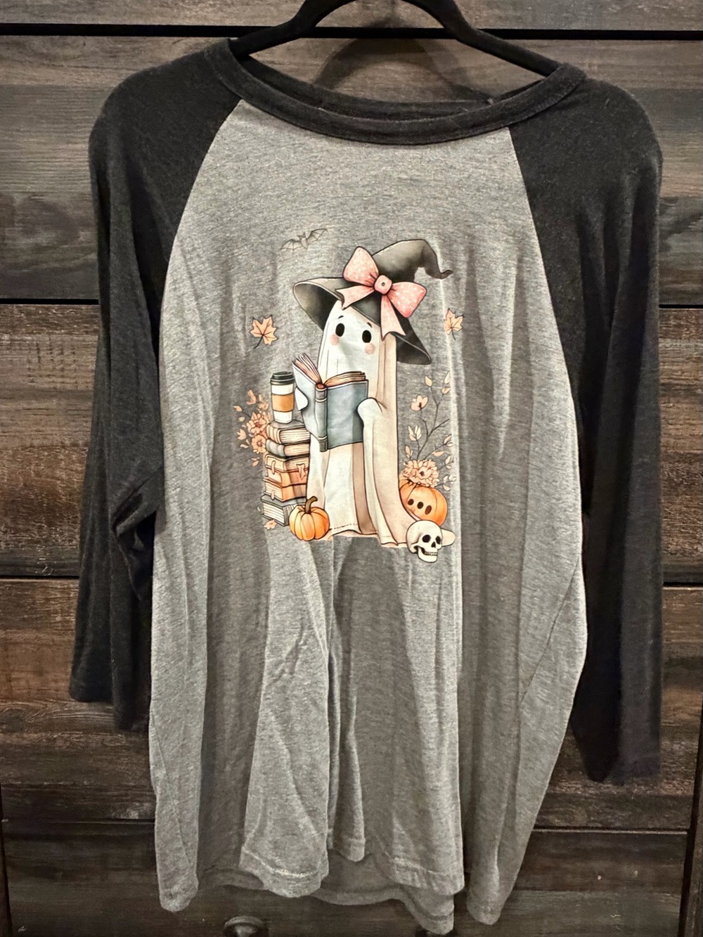 Bella Canvas Gray & Black Raglan Ghost Witch Book Graphic Long Sleeve Tee